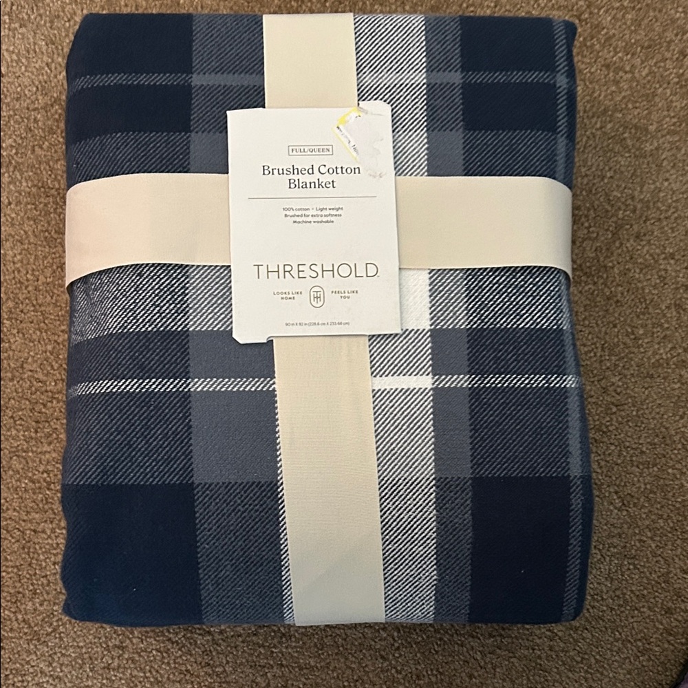 Threshold Navy and White Plaid Brushed Cotton Blanket